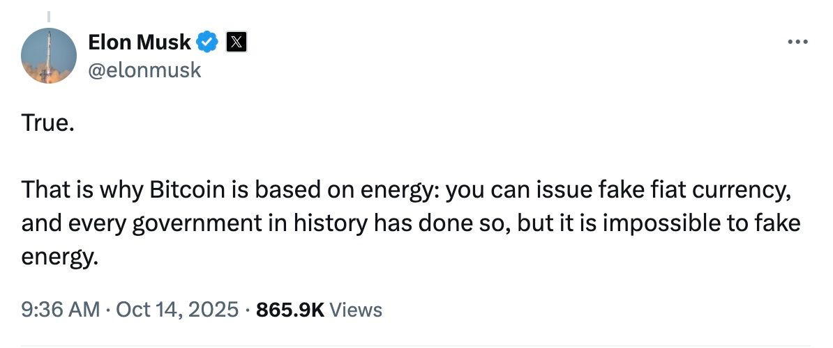 Musk pensa que o design baseado em energia do Bitcoin impede a expansão artificial da moeda que afeta os sistemas fiduciários
