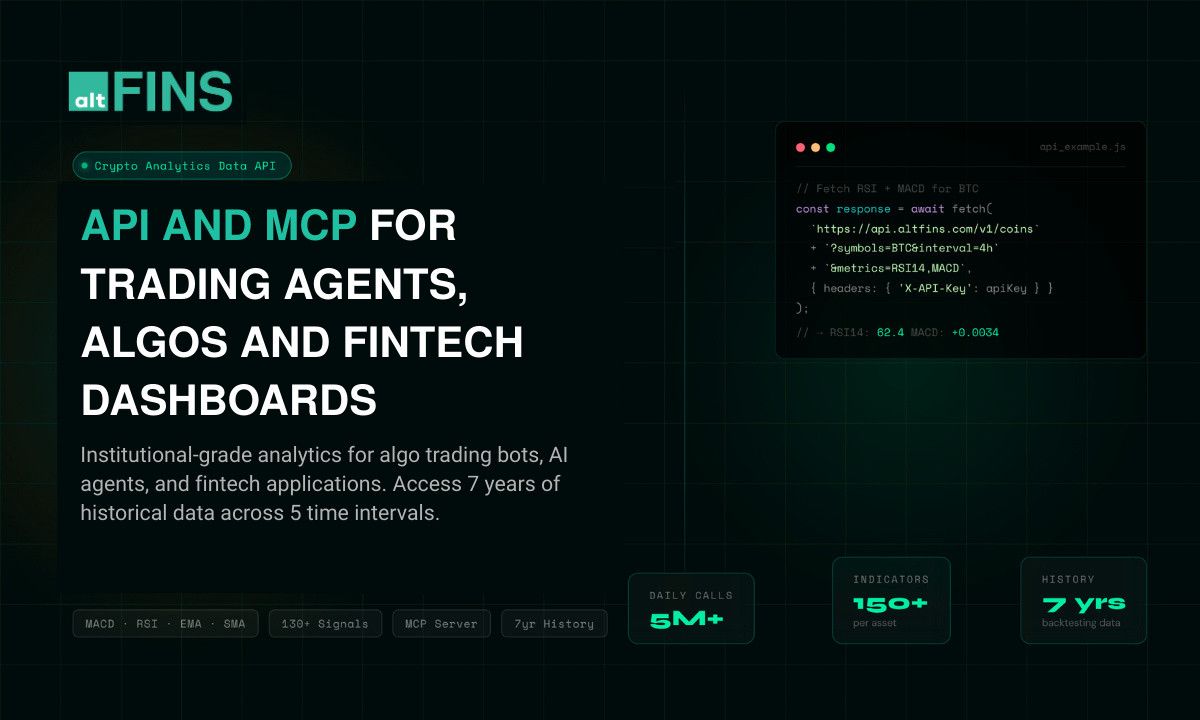 altFINS lança API de Dados de Análises Cripto e MCP para trading algorítmico, agentes de IA e sinais de negociação
