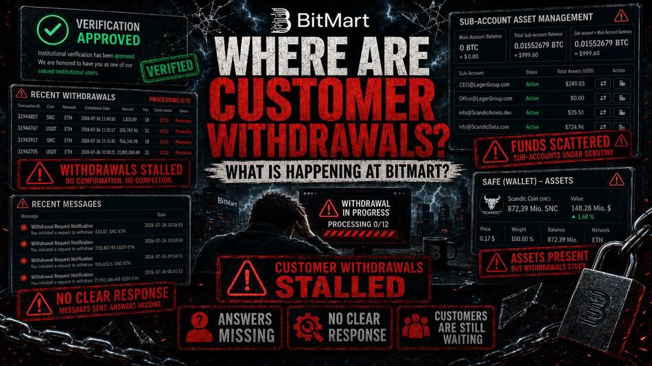 BitMart sob escrutínio formal da Scandic Coin por atrasos prolongados em levantamentos do token SNC
