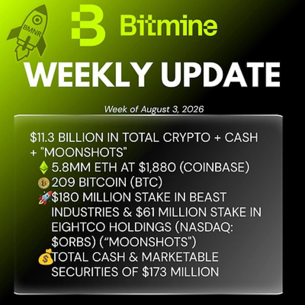 "بيتماين إميرجن تكنولوجيز" تعلن وصول حيازتها من الإيثريوم إلى 5.8 مليون توكن وإجمالي استثماراتها في العملات المشفّرة والسيولة النقدية إلى 11.3 مليار دولار